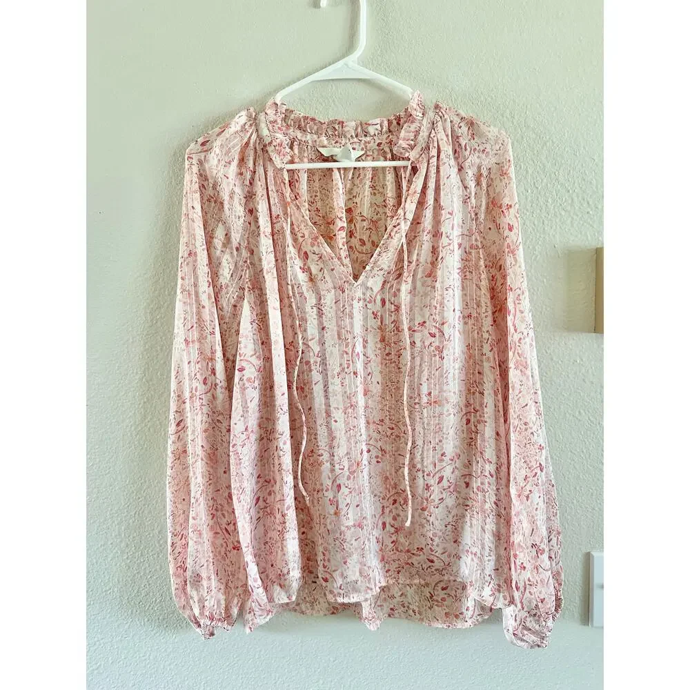 H&m pink chiffon flowy blouse S top puffed sleeve tie neck feminine romantic - Picture 3 of 4